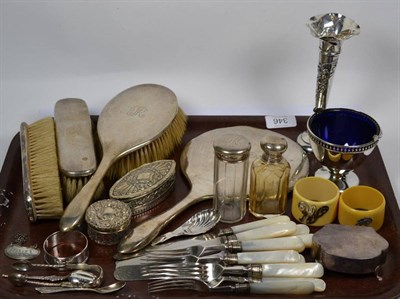 Lot 346 - A collection of silver, including fruit knives and forks, with mother of pearl handles,...