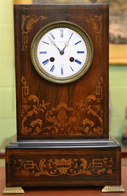 Lot 354 - A French rosewood inlaid striking mantel clock, enamel, dial signed Potonie Paris, first half...