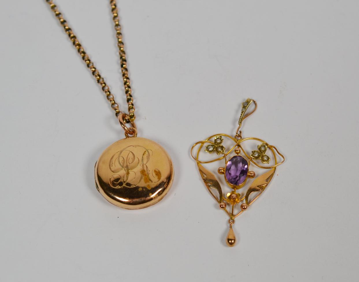 Lot 357 - A 9 carat gold locket on a chain stamped '9' '.375', chain length 56cm, and an amethyst and...