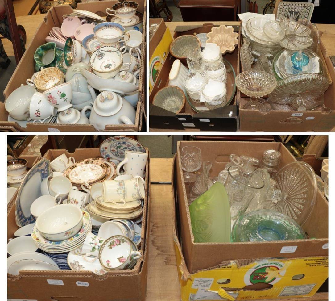 Lot 1009 - Five boxes of household china and glass, tea wares, jelly moulds, cake stand etc