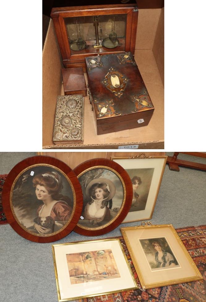Lot 1014 - Cased scales, 19th century brass mounted box etc, together with a print, after William Russell...