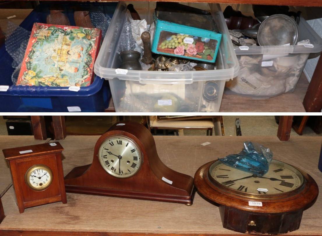 Lot 1019 - A quantity of metal wares, door knobs, pewter, mantel clock, wall clock, eight day mantel...