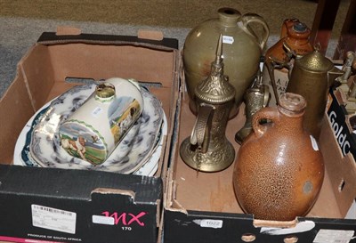 Lot 1022 - Salt glazed stoneware flagon, other flagons, transfer printed pottery hot water bottle, meat plates