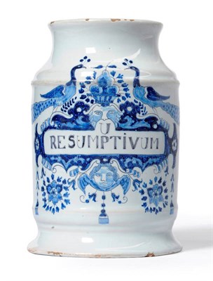 Lot 65 - A London Delft Drug Jar, early 18th century, of cylindrical form with waisted neck and...