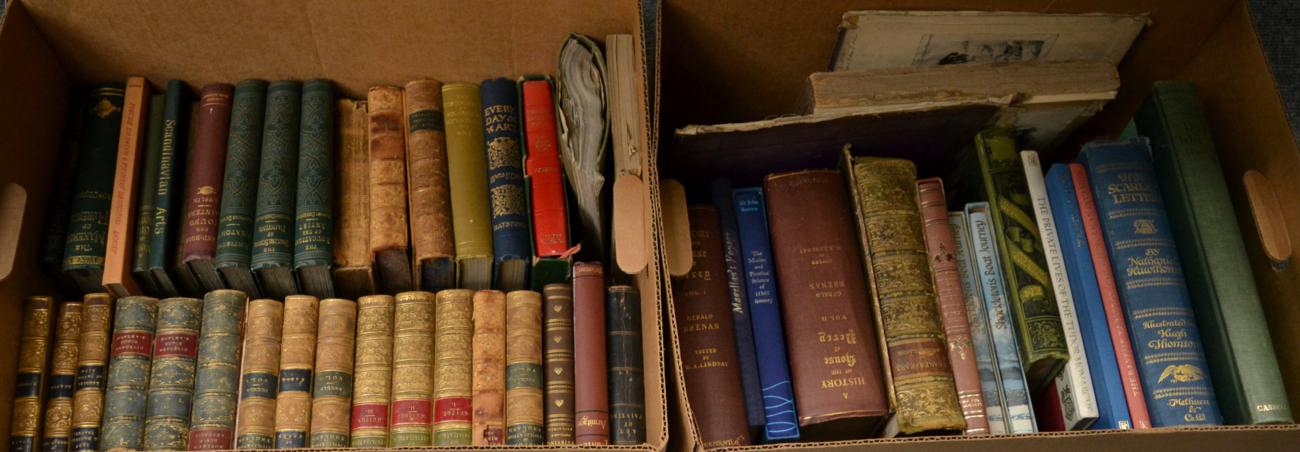 Lot 1057 - Two boxes of books on various topics, esp. lit., hist., and antiquarian interest, some leather...