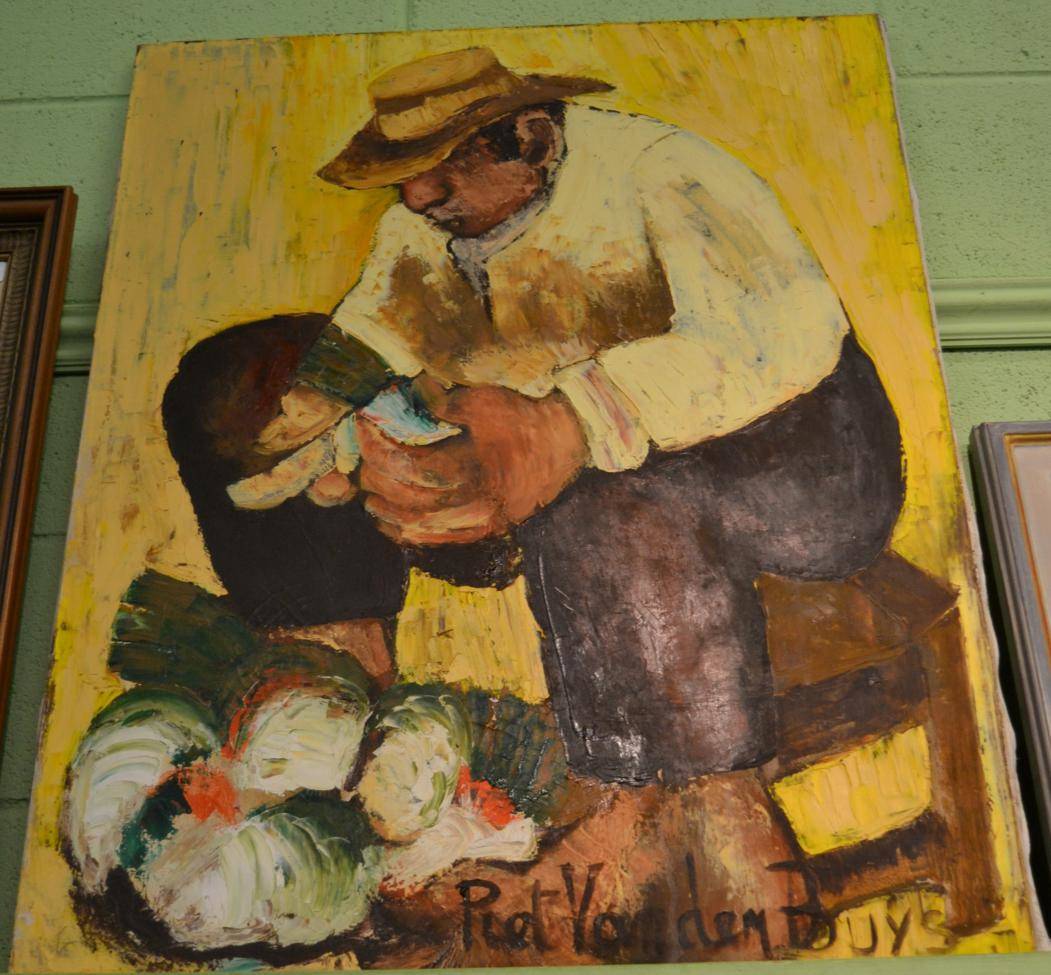 Lot 1070 - Piet Von Den Buys, 1935-1999, Dutch, peasant farmer chopping vegetables, signed oil on board,...