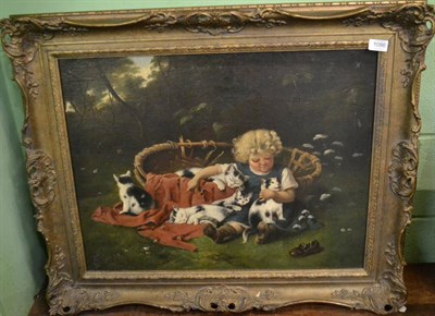 Lot 1086 - German school, (19th century), Young girl with kittens, bears monogrammed, oil on canvas, 51cm...