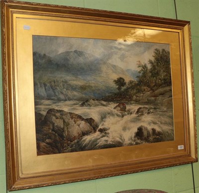 Lot 1087 - F Davis (19th century), Mountainous landscape with river rapids, signed and dated 1877,...
