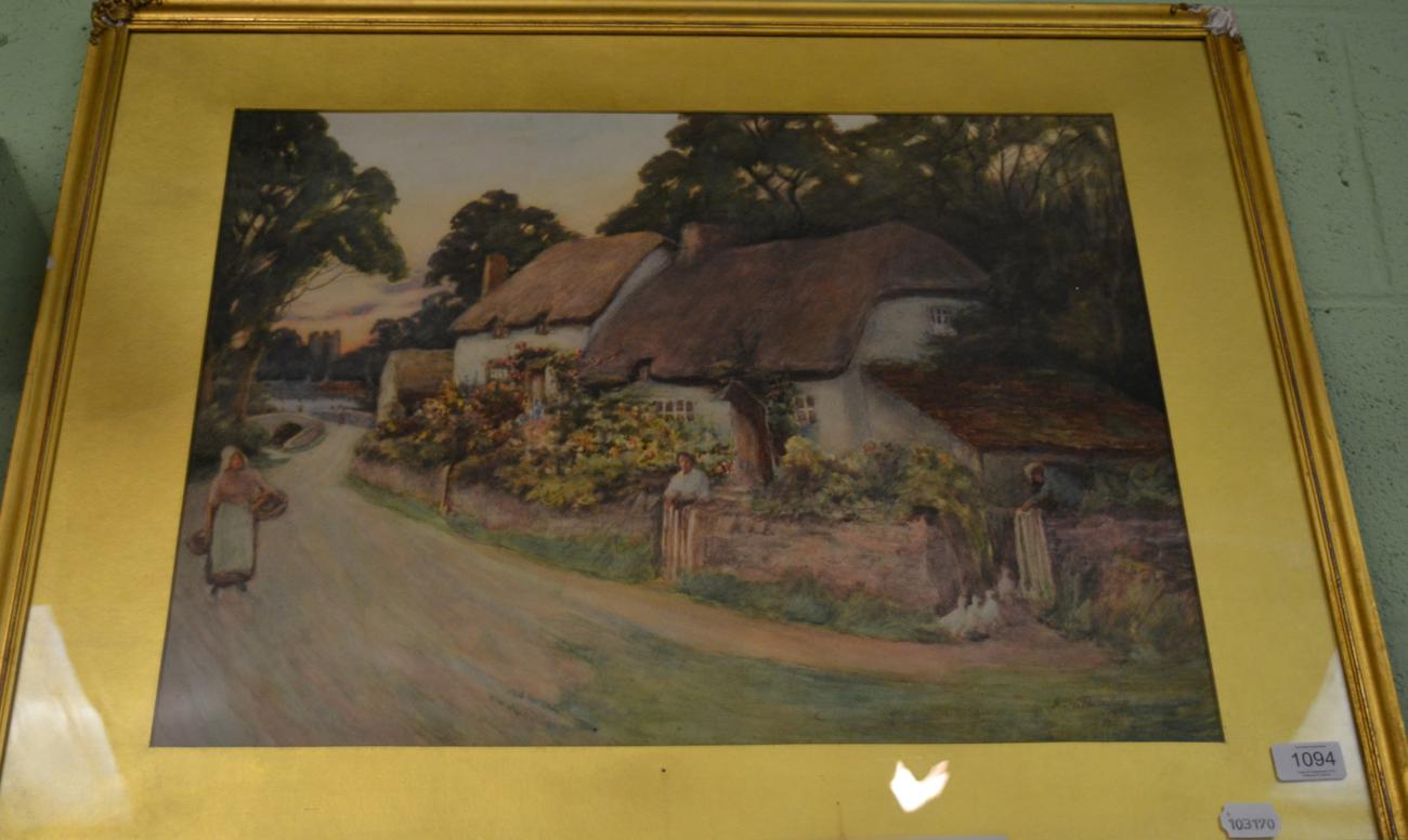 Lot 1094 - A. H Thornton, (19th century) Country cottages with figures and geese, signed and indistinctly...