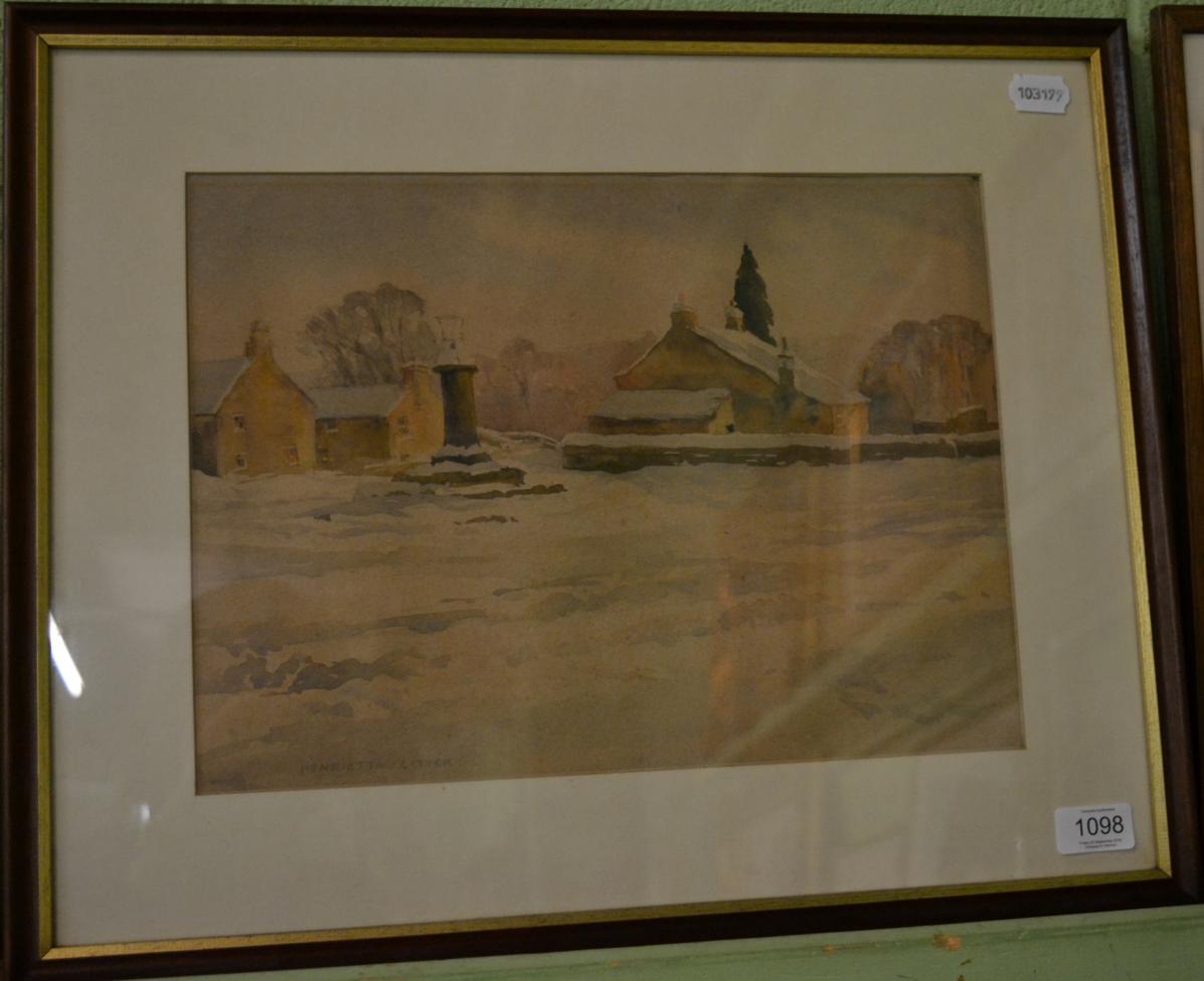 Lot 1098 - Henrietta Lister, ''Redmire in the Snow'', signed, watercolour, 27.5cm by 37.5cm