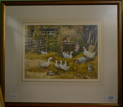 Lot 1100 - Neil Westwood, Farmyard scene depicting geese, signed in pencil, watercolour, 22cm by 30cm