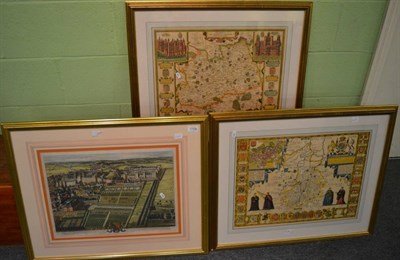 Lot 1106 - Two reproduction maps, Cambridge and Surrey and an 18th century hand coloured print, prospect...