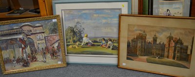 Lot 1130 - British School, (20th century), Townscape with Figures, oil on linen, together with print after Sir