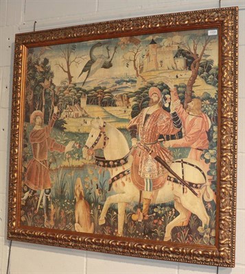 Lot 1131 - A large print depicting a falconry scene based on 15th century French tapestry, 89.5cm by 97cm