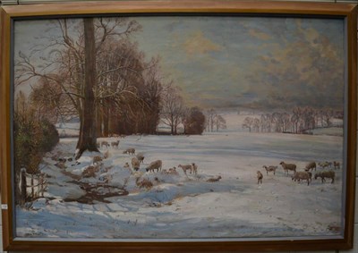 Lot 1136 - Donald Henry Floyd (1892-1965), Sheep in a snowy landscape, signed and dated 1936, oil on...