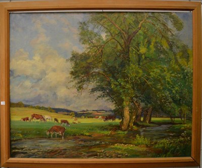 Lot 1138 - Donald Henry Floyd (1892-1965), Cattle in a sun dappled landscape, signed, oil on canvas, 100cm...