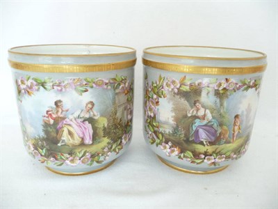 Lot 76 - A Pair of Paris Porcelain Cache Pots, circa 1880, painted with landscape with cupid and maidens...