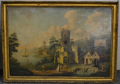 Lot 1192 - A 19th century clock picture depicting a water wheel with figures within a lake scene, movement...