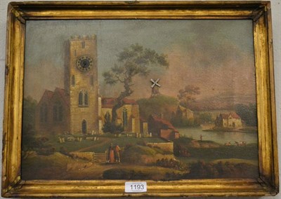 Lot 1193 - A 19th century clock picture depicting a church, windmill and figures, movement signed Thomas...