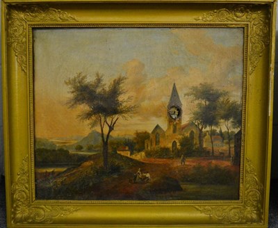 Lot 1195 - A 19th century striking clock picture depicting a church with figures within a landscape scene