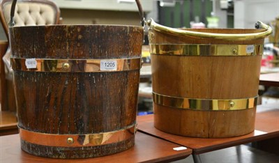 Lot 1205 - An oak and brass coopered pail, together with an oak and copper example