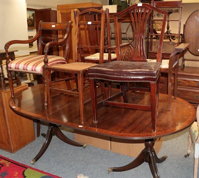 Lot 1206 - A Regency style twin pedestal dining table, four single chairs, a small coffee table, a piano...