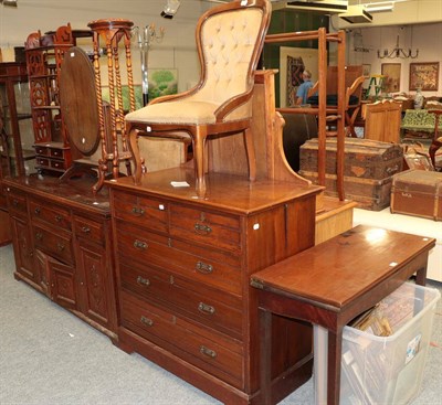 Lot 1209 - A 19th century mahogany fold over tea table, a late Victorian four-height chest of drawers, a...