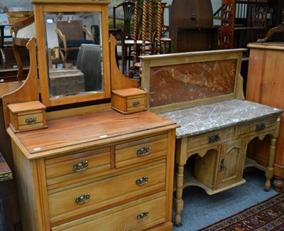 Lot 1213 - An early 20th century marble topped pine washstand with rouge marble splash back, together with...