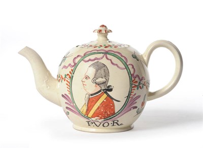 Lot 83 - A Dutch Decorated Creamware Teapot and Cover, circa 1760, painted with bust portraits of William of
