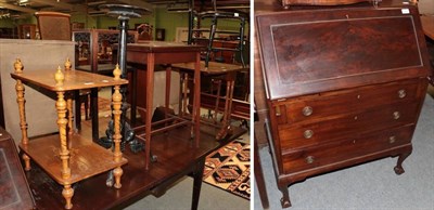 Lot 1262 - A 20th century mahogany bureau, together with mahogany folding card table, an Edwardian inlaid...