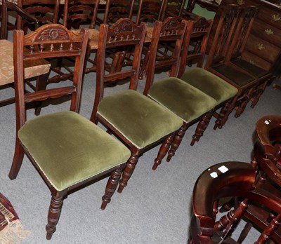 Lot 1304 - Pair of carved oak dining chairs with green close-nailed seats, a set of four Victorian walnut...