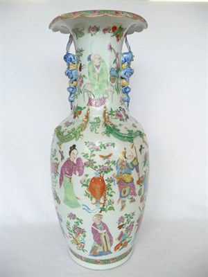 Lot 90 - A Cantonese Porcelain Baluster Vase, late 19th century, with trumpet neck applied with mythical...