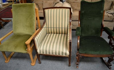 Lot 1311 - Victorian mahogany rocking chair, later recovered in green velvet, a late Victorian mahogany...