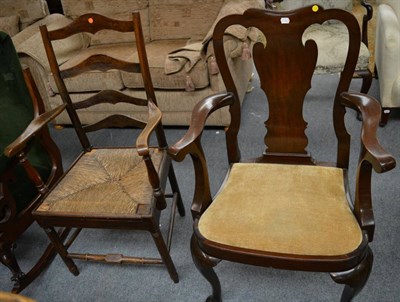 Lot 1312 - A ladder back chair with rush seat, and a 1920s mahogany armchair