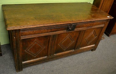 Lot 1381 - Late 17th century joined oak chest with hinged lid and three lozenge carved panels