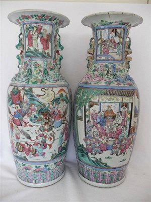 Lot 98 - A Matched Pair of Cantonese Porcelain Baluster Vases, 19th century, with trumpet necks and...