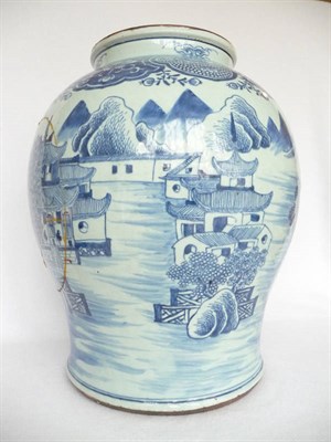 Lot 100 - A Chinese Porcelain Baluster Jar, 18th century, painted in underglaze blue with an extensive...