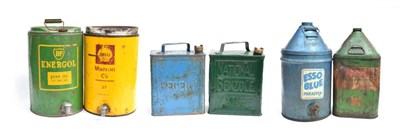 Lot 3083 - Six Assorted Fuel Canisters, to include a National Benzole Mixture fuel can, repainted green,...
