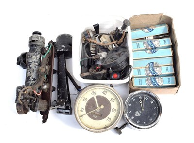 Lot 3089 - A Box of Car Spares, to include twelve vintage Champion spark plugs, boxed, a Lodge spark plug,...