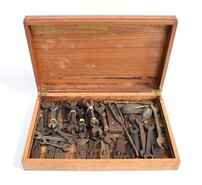 Lot 3095 - A Wooden Box, containing an assortment of vintage double-ended spanners and adjustable gauges