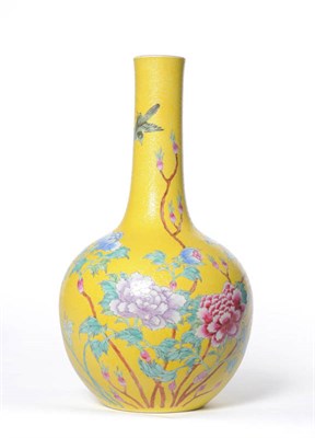 Lot 108 - A Chinese Yellow Ground Bottle Vase, Qianlong seal mark, painted in famille rose enamels with a...