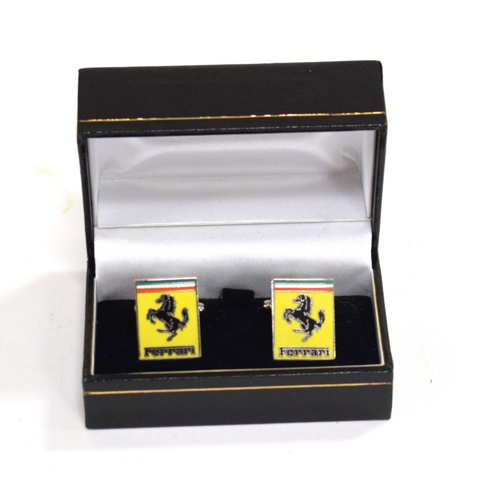 Lot 3106 - Ferrari Interest: A Pair of Chrome Plated and Enamelled Cufflinks, decorated in five colours...
