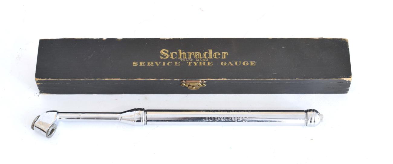 Lot 3117 - A Vintage Schraders Son Chrome Service Tyre Gauge, with original ebonised pine box and original...