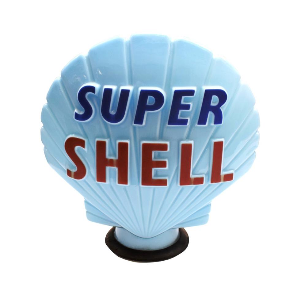Lot 3121 - A Blue Opaque Glass Petrol Pump Globe for Super Shell, with blue and red lettering, the neck...