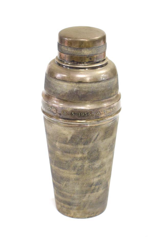 Lot 3127 - A Silver Plated Cocktail Shaker, with engine turned decoration, engraved D & DMC Grinton Picnic...