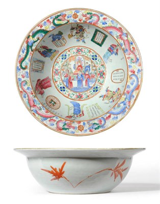 Lot 111 - A Cantonese Porcelain Basin, 19th century, with everted rim, painted in famille rose enamels with a
