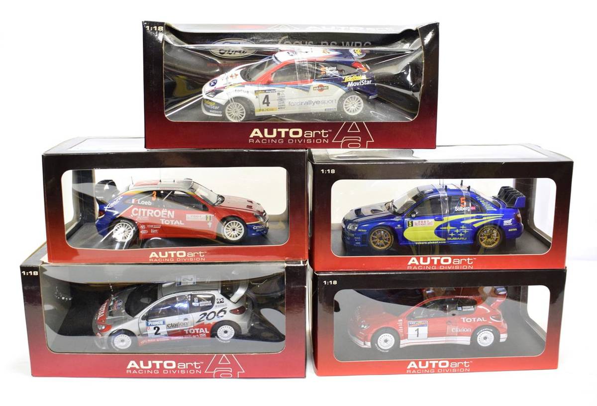 Lot 3138 - Autoart World Rally Championship Group 1:18 scale models: Ford Focus RS, Peugeot 206, another...