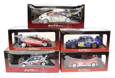 Lot 3138 - Autoart World Rally Championship Group 1:18 scale models: Ford Focus RS, Peugeot 206, another...