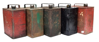 Lot 3168 - Five Vintage Metal Fuel Cans, comprising a red painted example SHELL MOTOR SPIRIT, with...