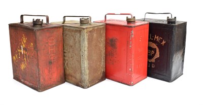 Lot 3179 - Four Vintage 2 Gallon Petrol Cans, comprising a black painted Shell-Mex, a red SM&BP, a red and...